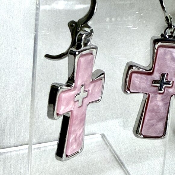 Pink Mother of Pearl Cross Dangle Earrings Silver Tone Leverback - Picture 5 of 7